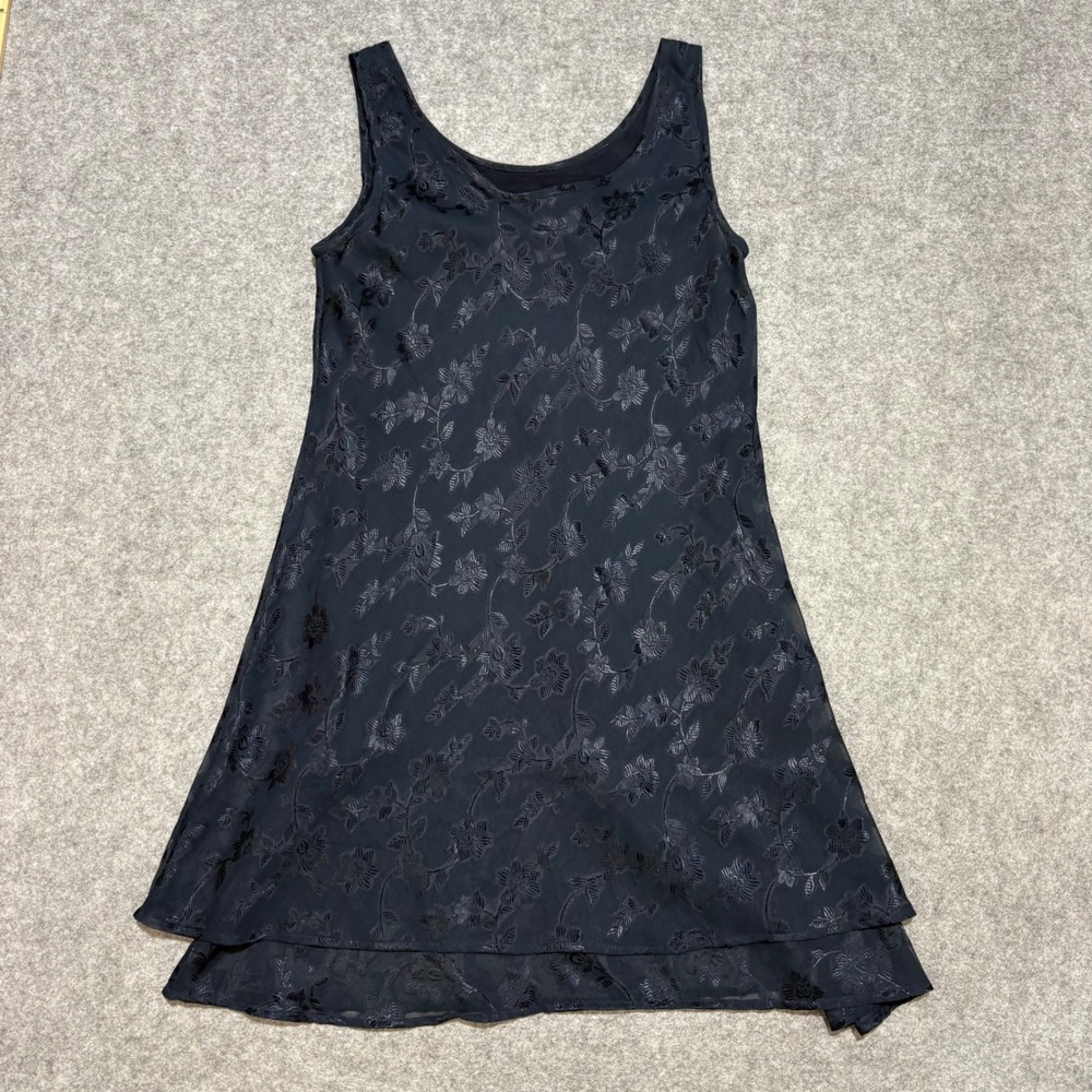 Vintage Express Floral Burnout Dress Navy Blue Tiered Hem Sleeveless Size 5/6